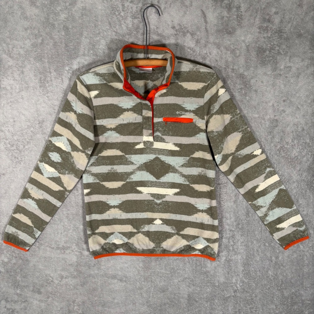 Columbia Womens Fleece Pullover M Olive Green Orange Aztec Snap Western Cabin